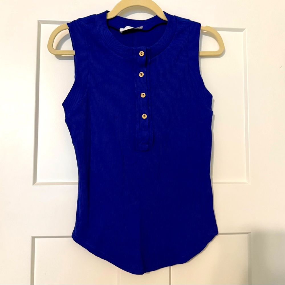 Ces Femme | Sleeveless Blue Indigo Ribbed Tank Top Fitted